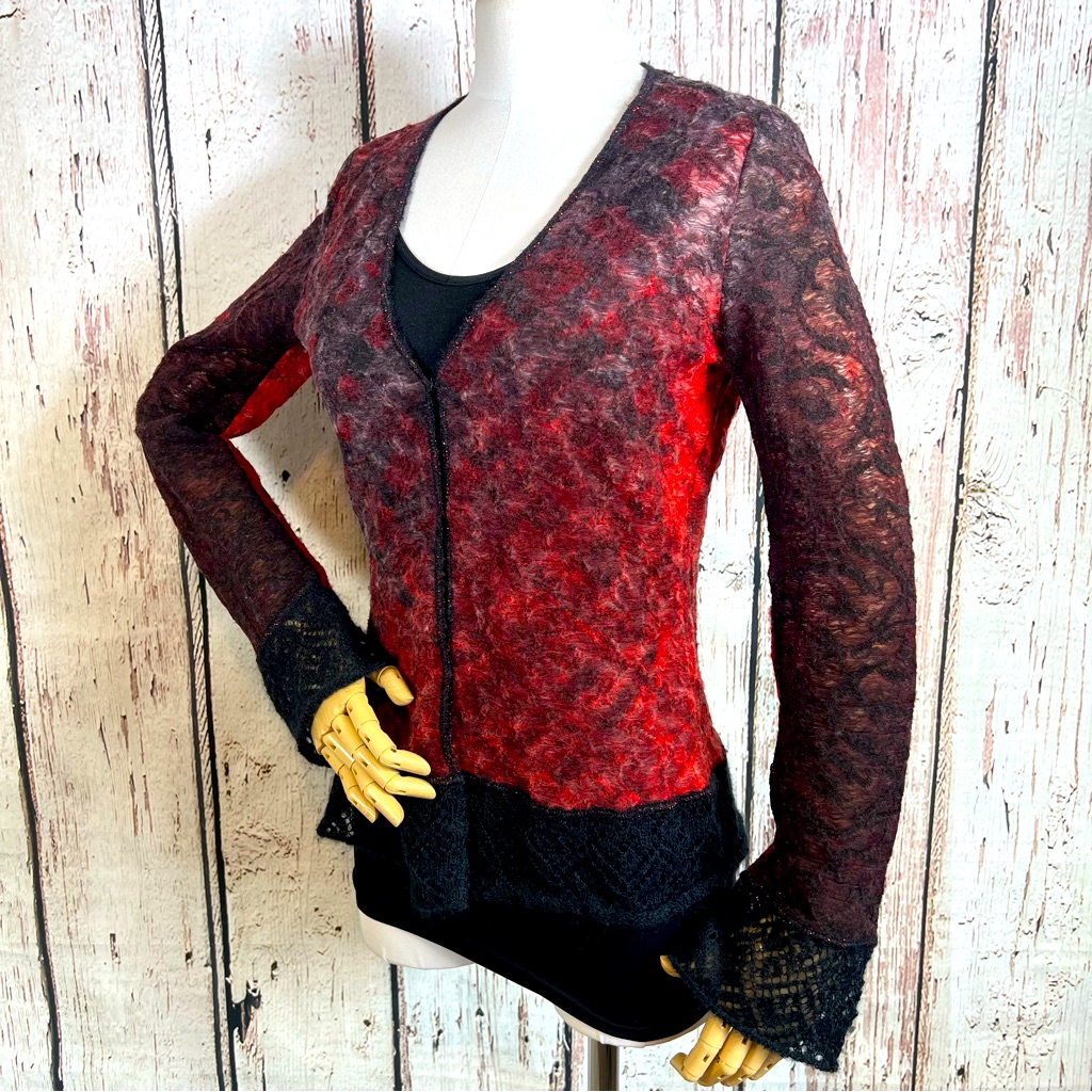 Roberta Scarpa Virgin Wool Mohair Knit Lace Trim Cardigan Fitted Sweater Size 12